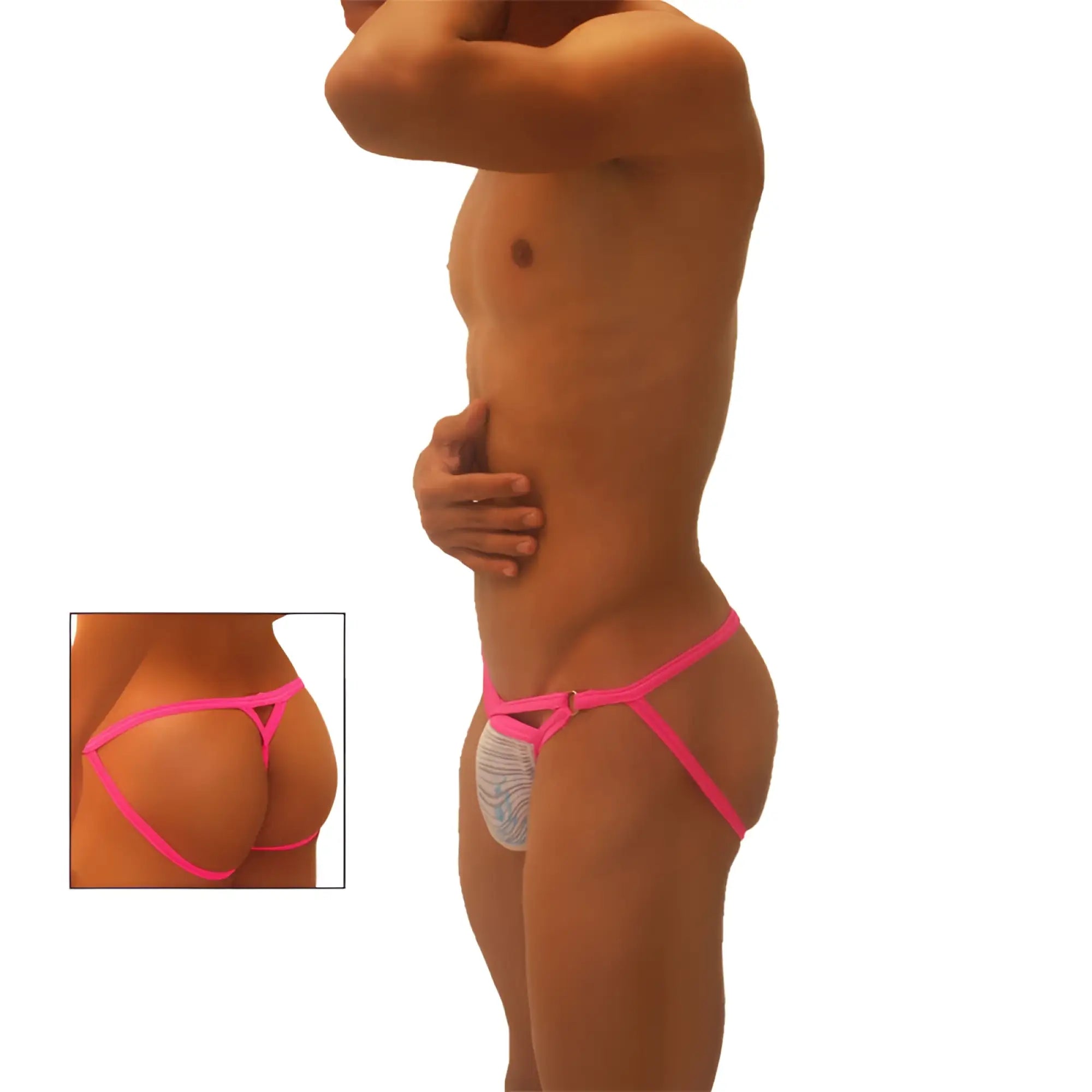Icker Sea superhero stripe cut out jock g string underwear in bright pink with thin straps and white gray patterned lining
