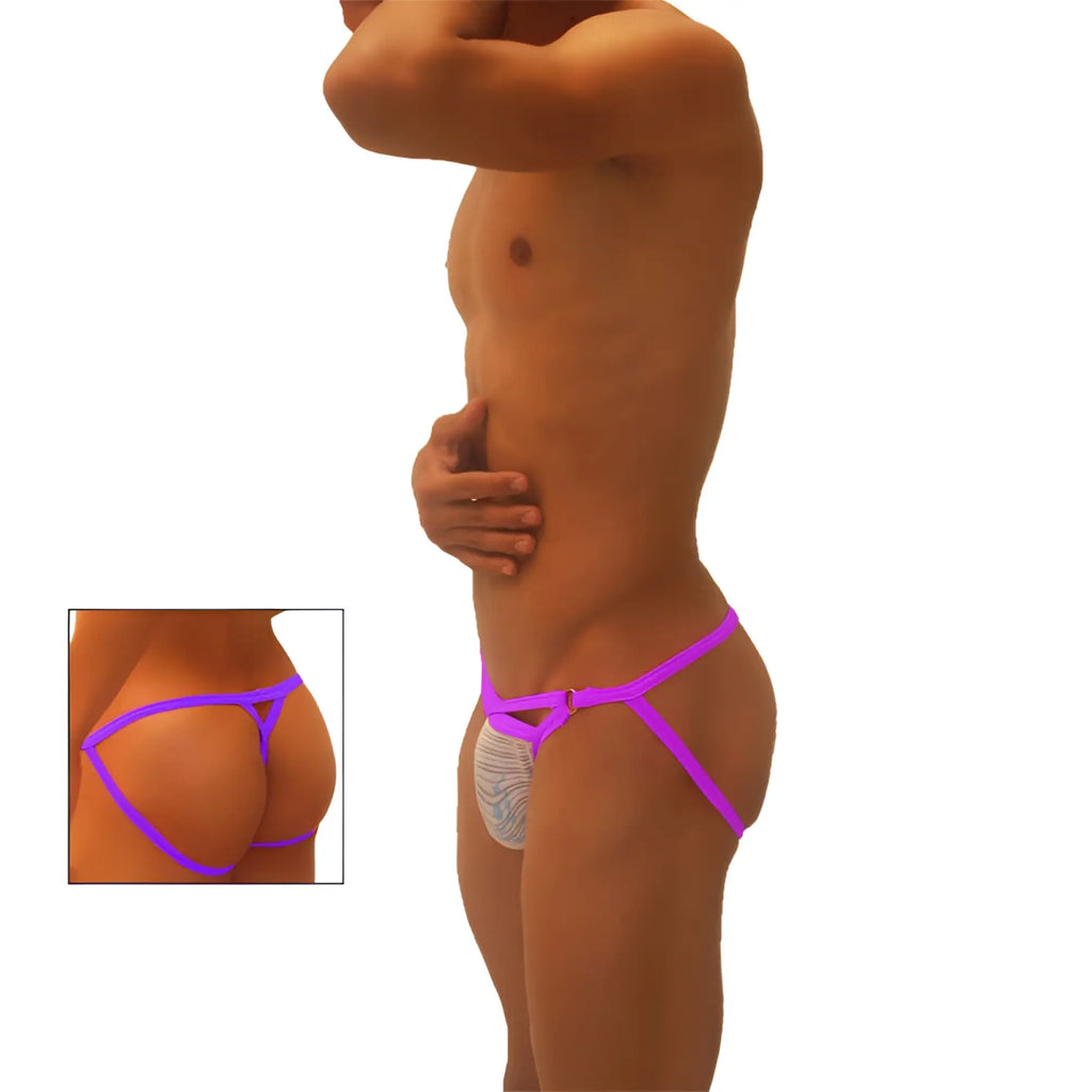 Vibrant purple nylon thong Icker Sea superhero stripe cut out jock G string underwear with white patterned lining