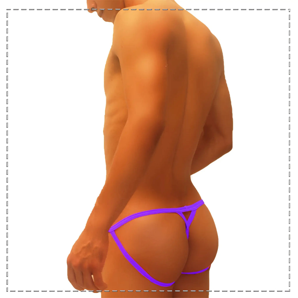 Vibrant purple icker sea superhero stripe cut out jock g string underwear features sleek minimalist design with thin elastic straps