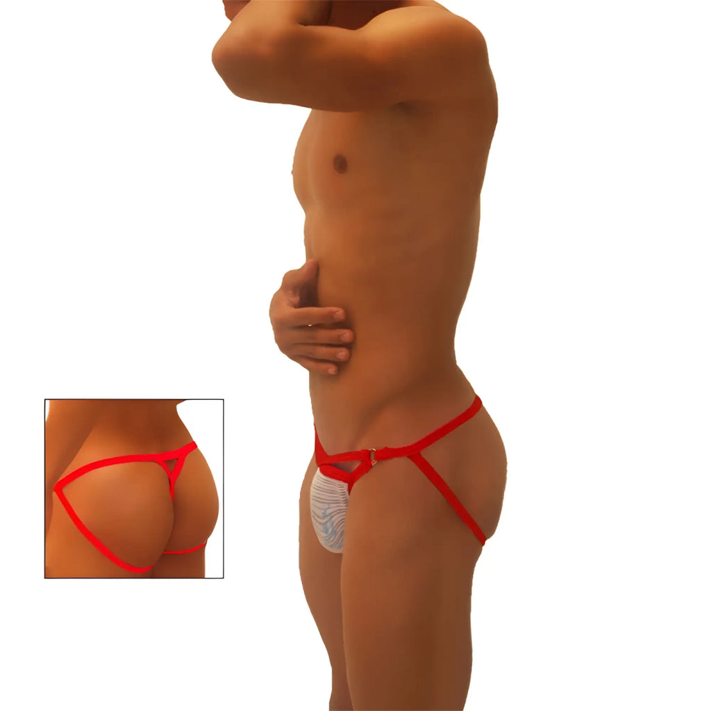 Icker Sea superhero stripe cut out jock g string underwear in red with white patterned front panel and red string bikini briefs
