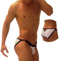 Icker sea superhero stripe cut out micro slip bikini underwear in black with white and black stripes and a distinctive cutout design