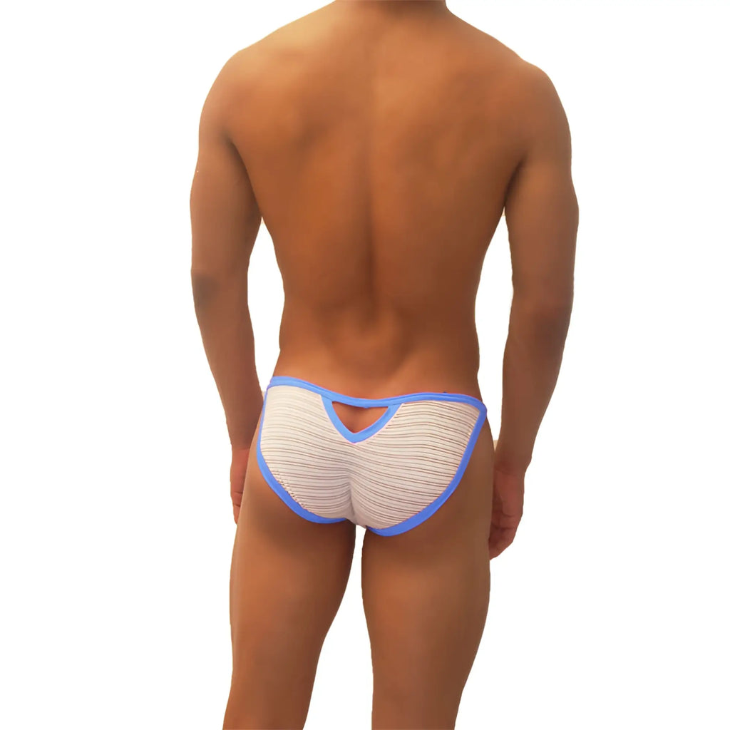 Blue and white striped icker sea superhero stripe cut out micro slip bikini underwear showing back side design