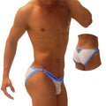 Icker Sea superhero stripe cut out micro slip bikini underwear in blue and white mesh briefs design