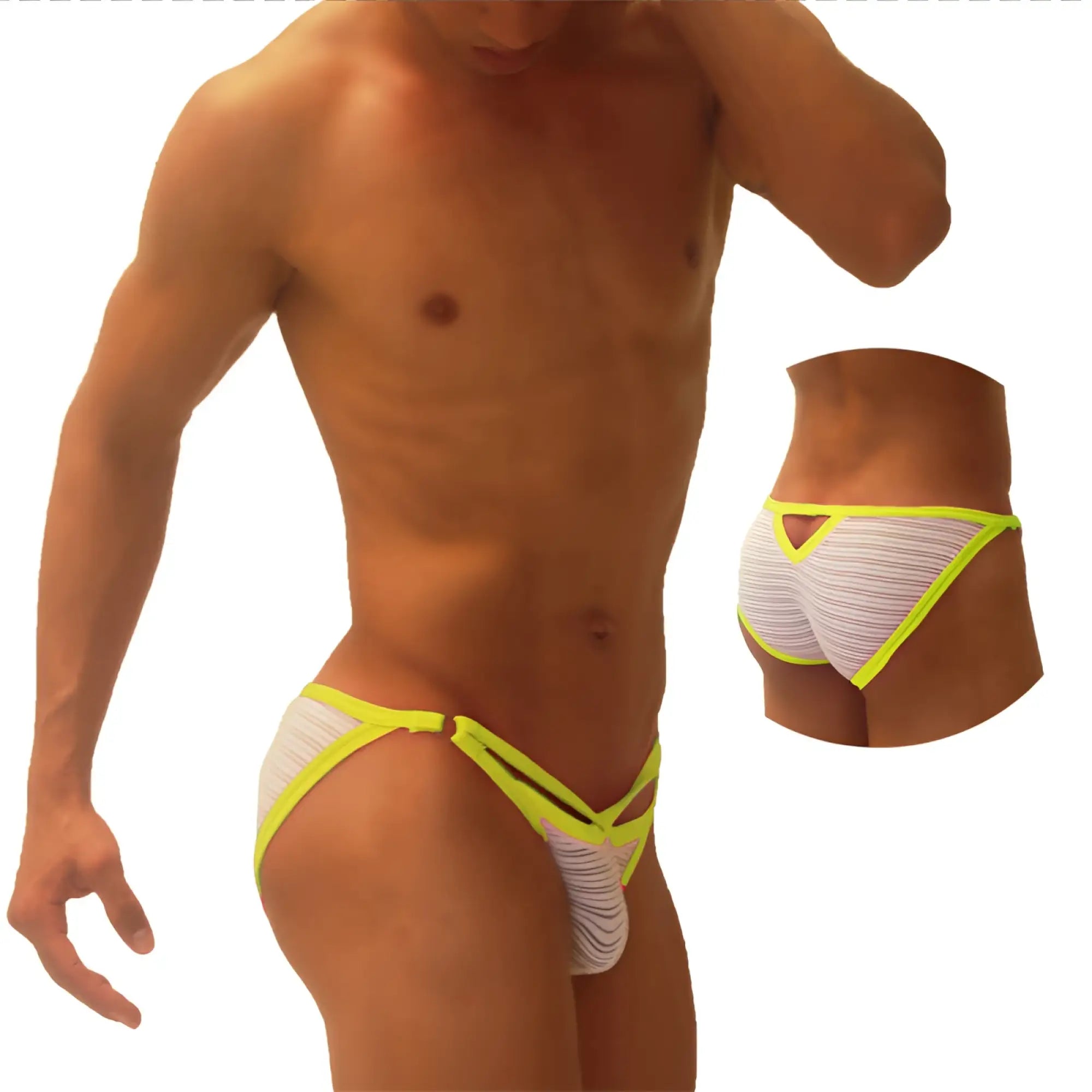 Icker Sea Superhero Stripe cut out micro slip bikini underwear green with bright neon yellow trimmed white textured briefs