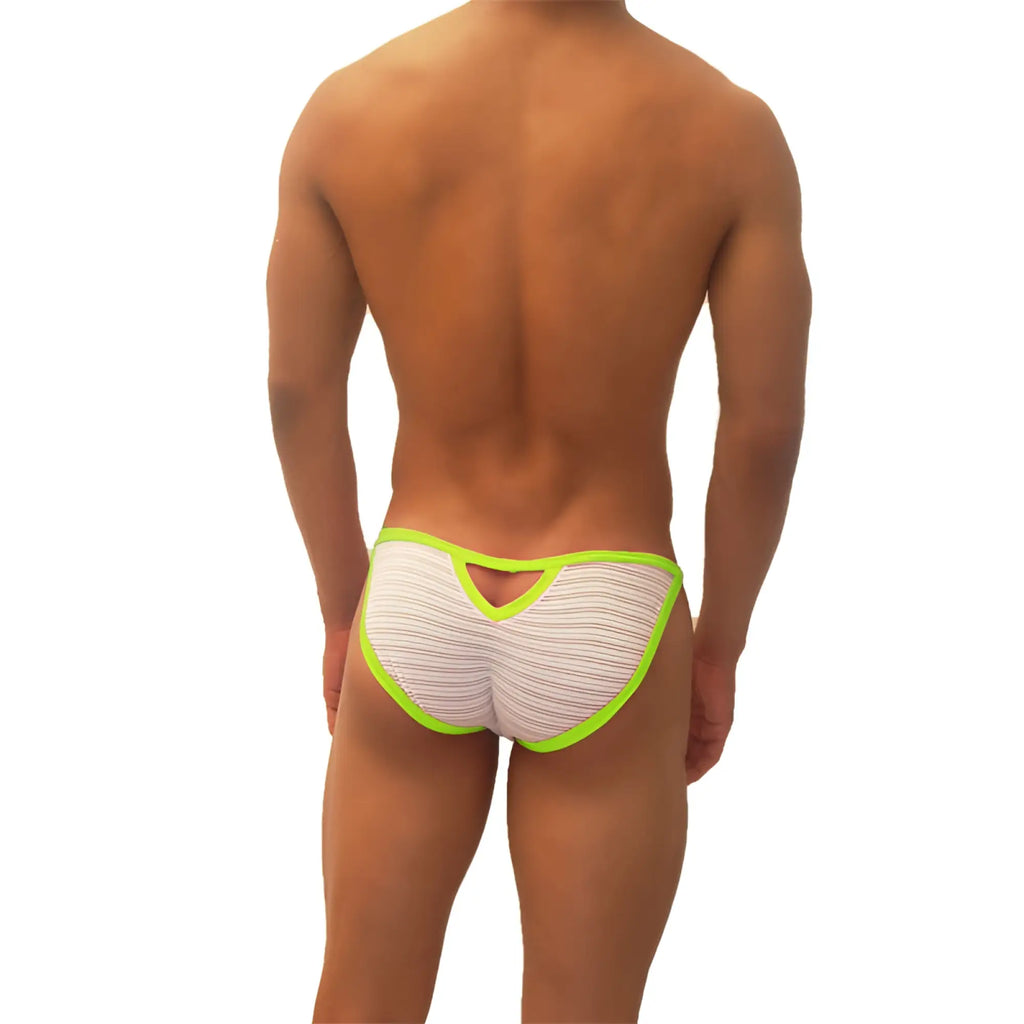 White striped microfiber briefs with neon green trim and back cutout from icker sea superhero stripe micro slip bikini underwear