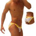 Icker Sea superhero stripe white and yellow striped men’s micro slip bikini underwear with bold yellow trim in mango