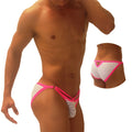 Bright pink and white striped icker sea superhero stripe cut out micro slip bikini thong underwear for men