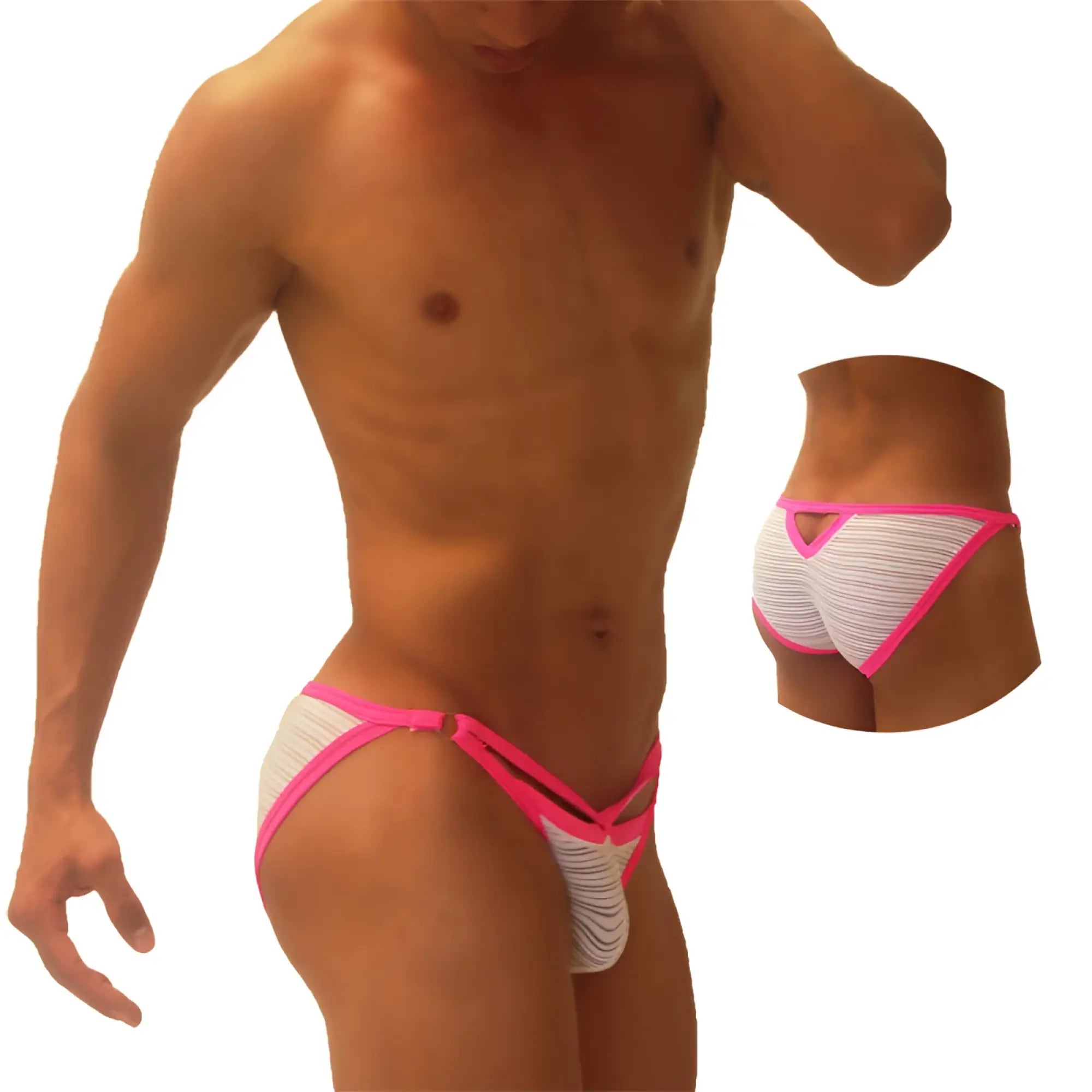 Bright pink and white striped icker sea superhero stripe cut out micro slip bikini thong underwear for men
