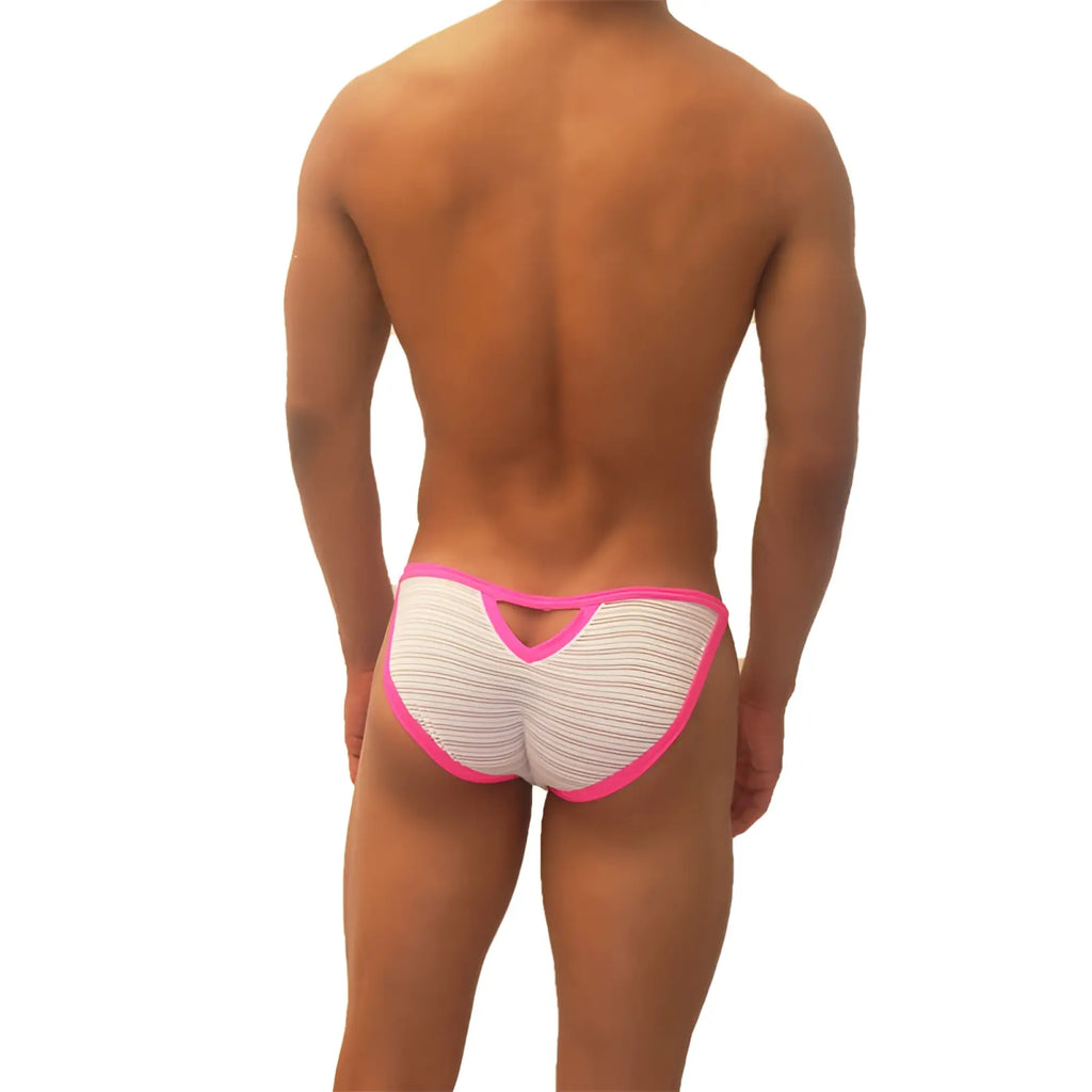 Pink-trimmed white striped men’s briefs with cutout back design from icker sea superhero stripe micro slip bikini underwear