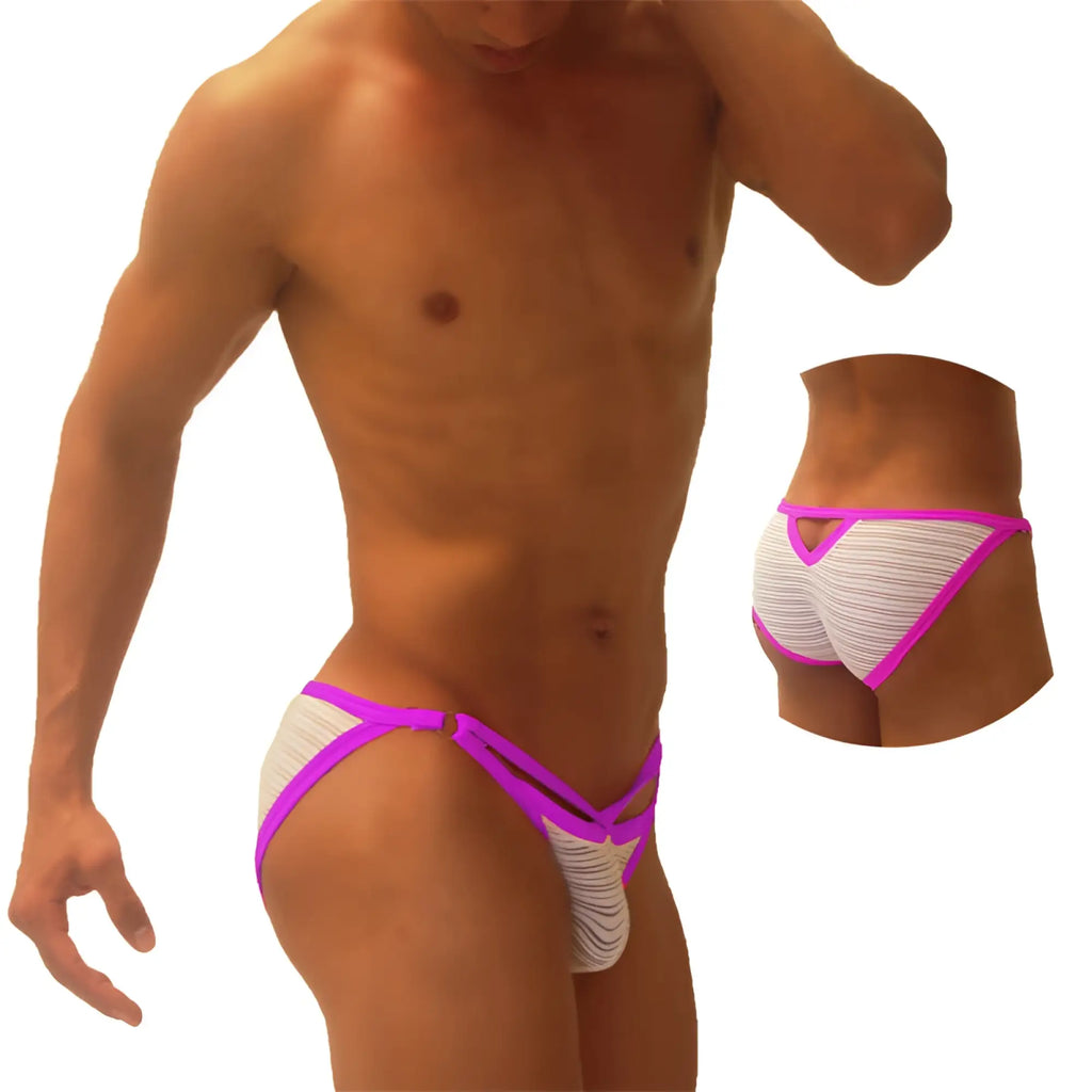 Icker Sea superhero stripe cut out micro slip bikini underwear in vibrant pink and white striped design with bold style