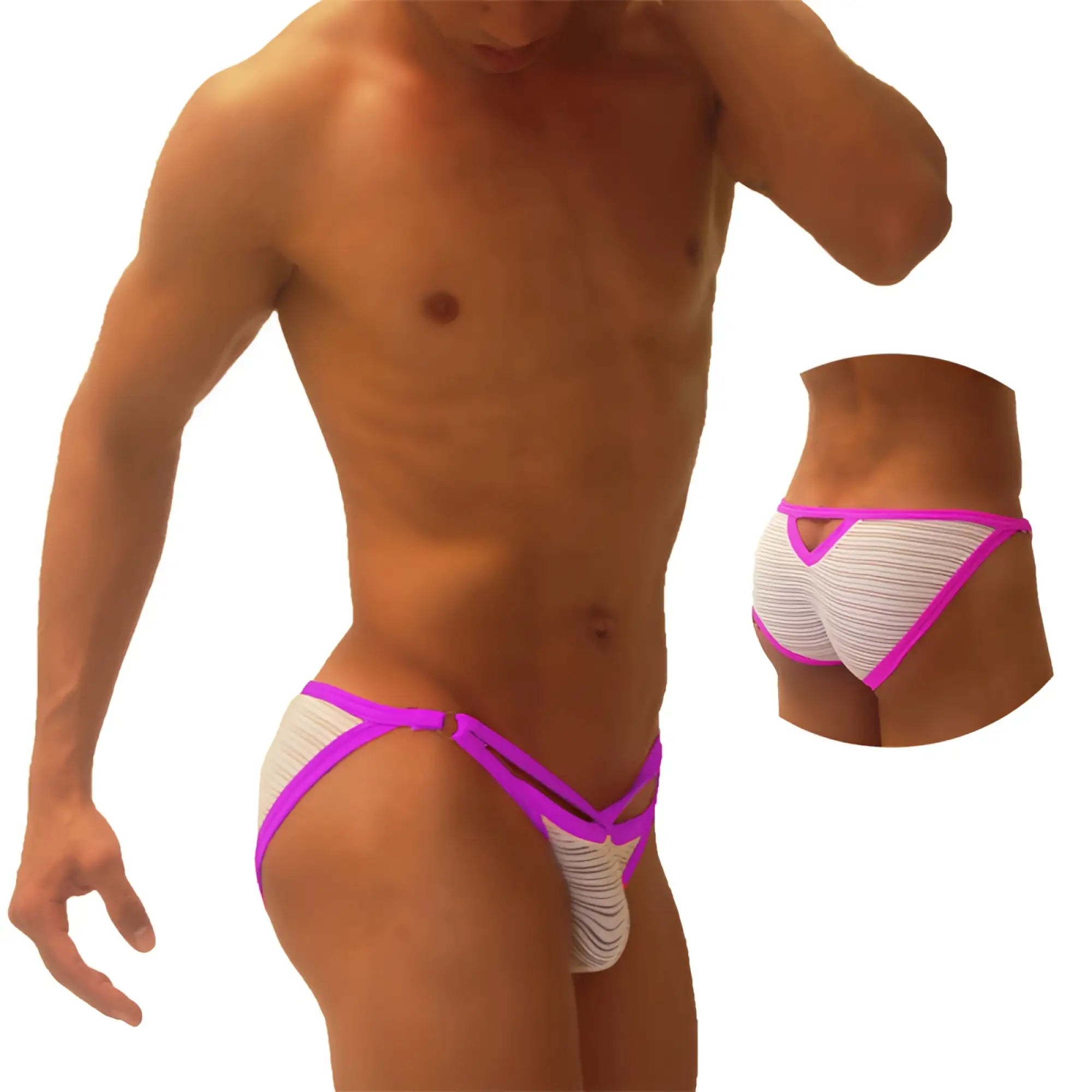 Icker Sea superhero stripe cut out micro slip bikini underwear in vibrant pink and white striped design with bold style