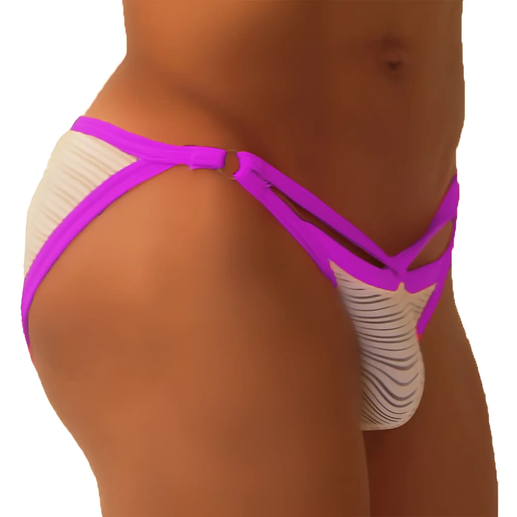Vibrant purple and white striped thong with bold crisscross design from icker sea superhero stripe cut out micro slip bikini underwear