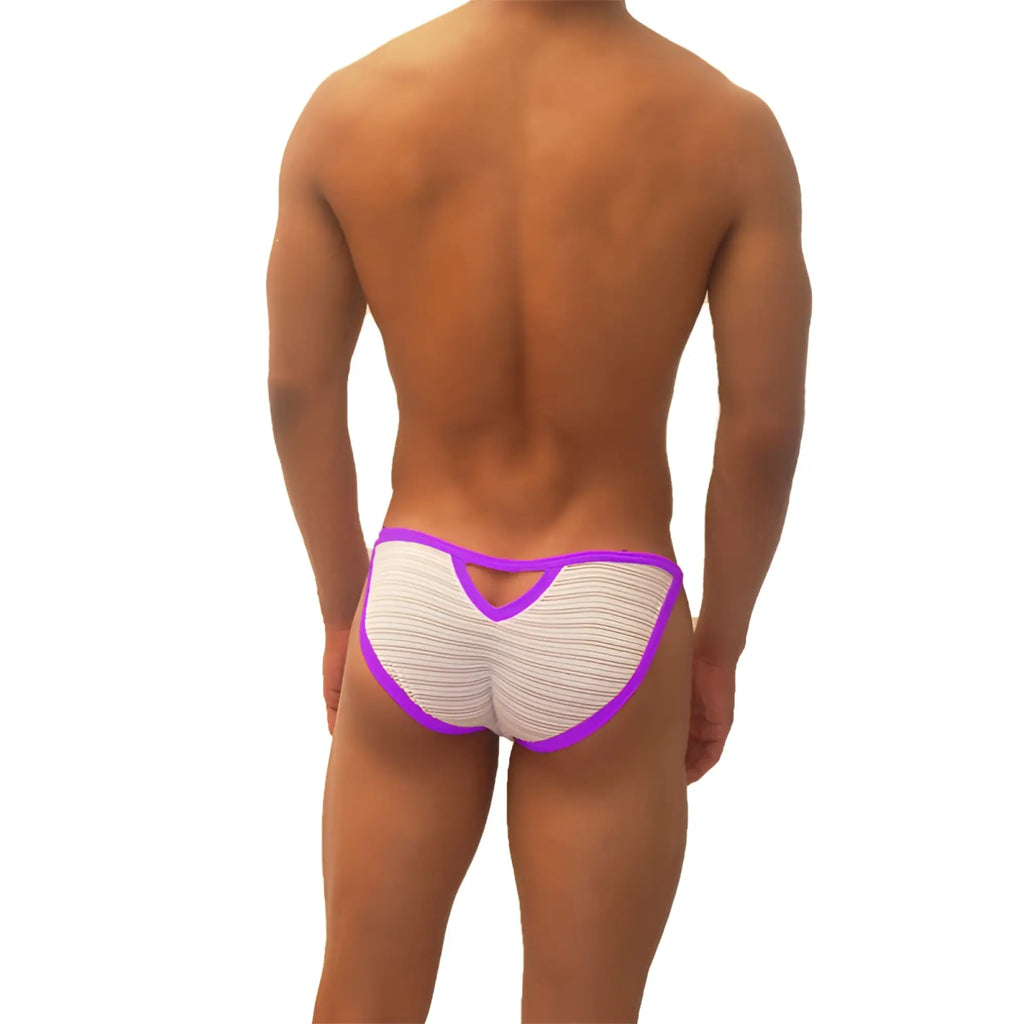 Image of the back side of purple-trimmed striped icker sea superhero stripe cut out micro slip bikini briefs