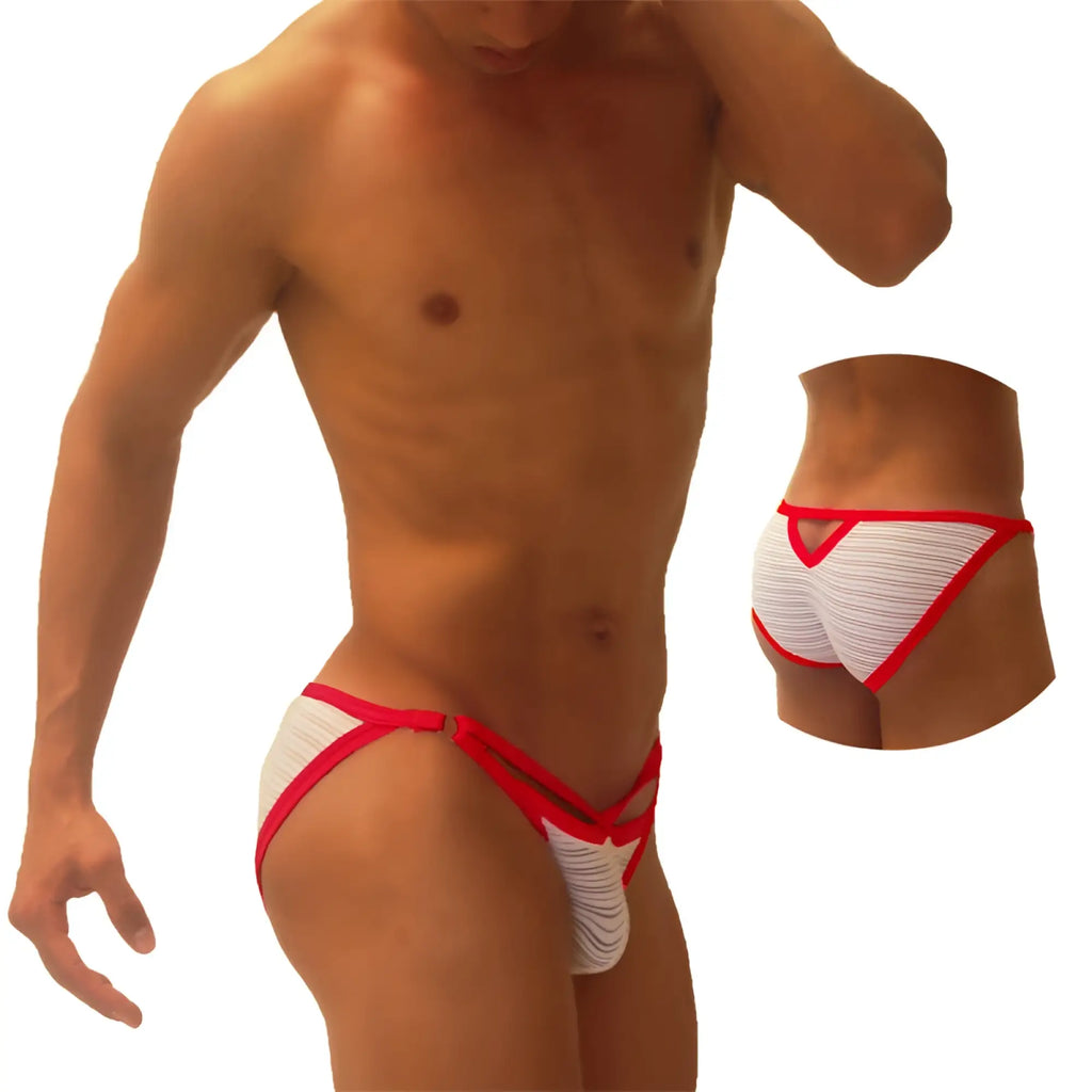 Icker sea superhero stripe cut out micro slip bikini underwear in red with white and red stripes and bold contrasting trim