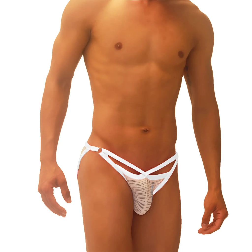 White mesh thong underwear with crisscross straps and subtle stripe pattern from icker sea superhero stripe collection