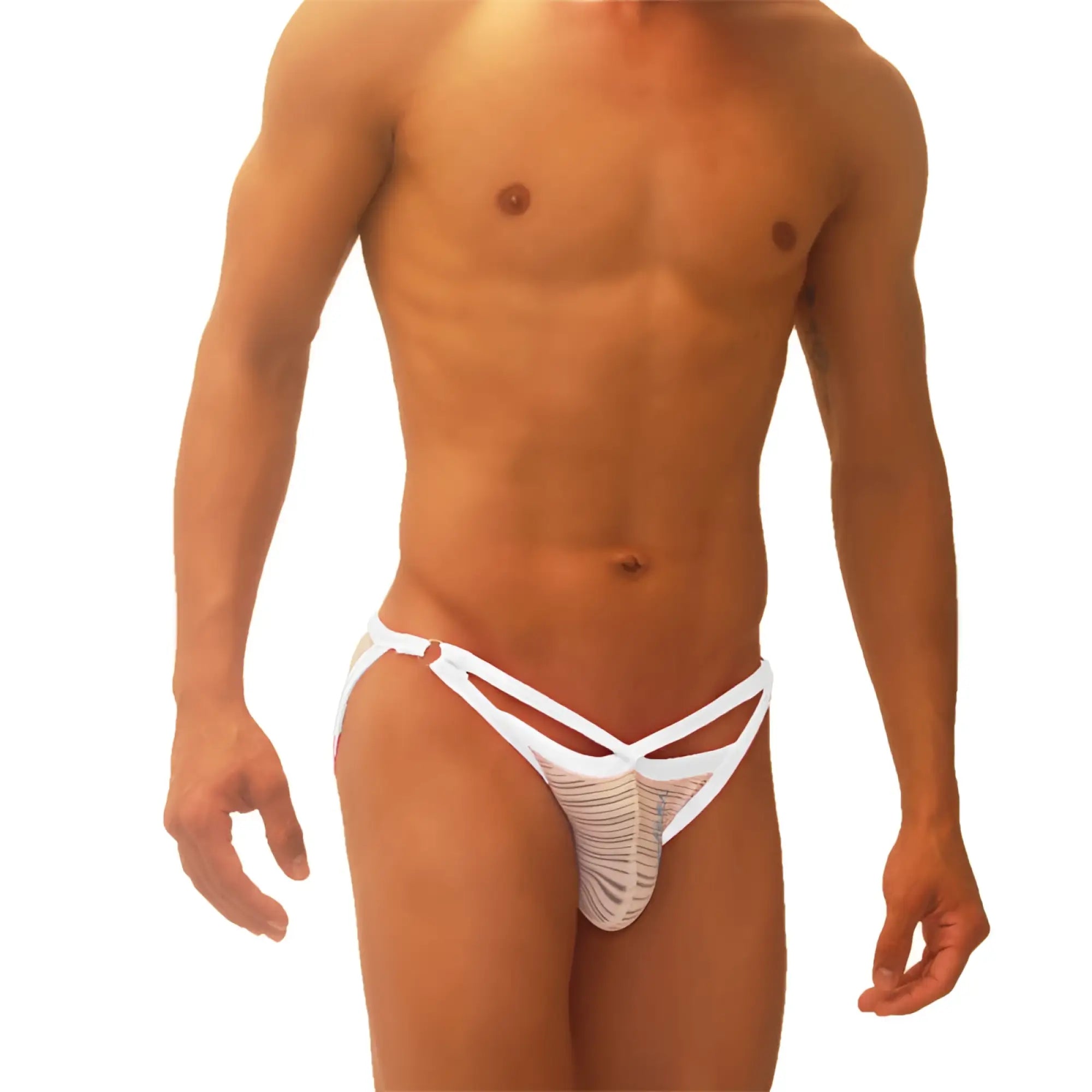 White mesh thong underwear with crisscross straps and subtle stripe pattern from icker sea superhero stripe collection