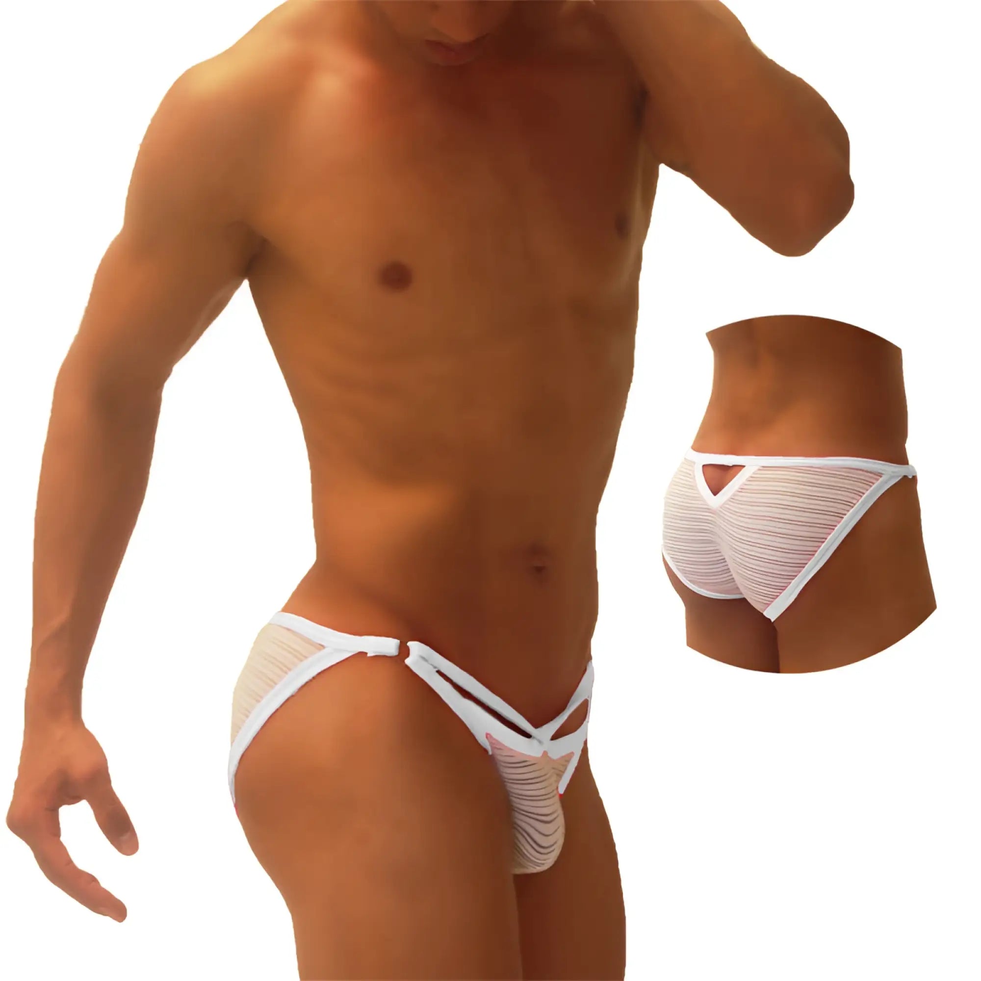 White mesh icker sea superhero stripe cut out micro slip bikini underwear with crisscross design and solid trim
