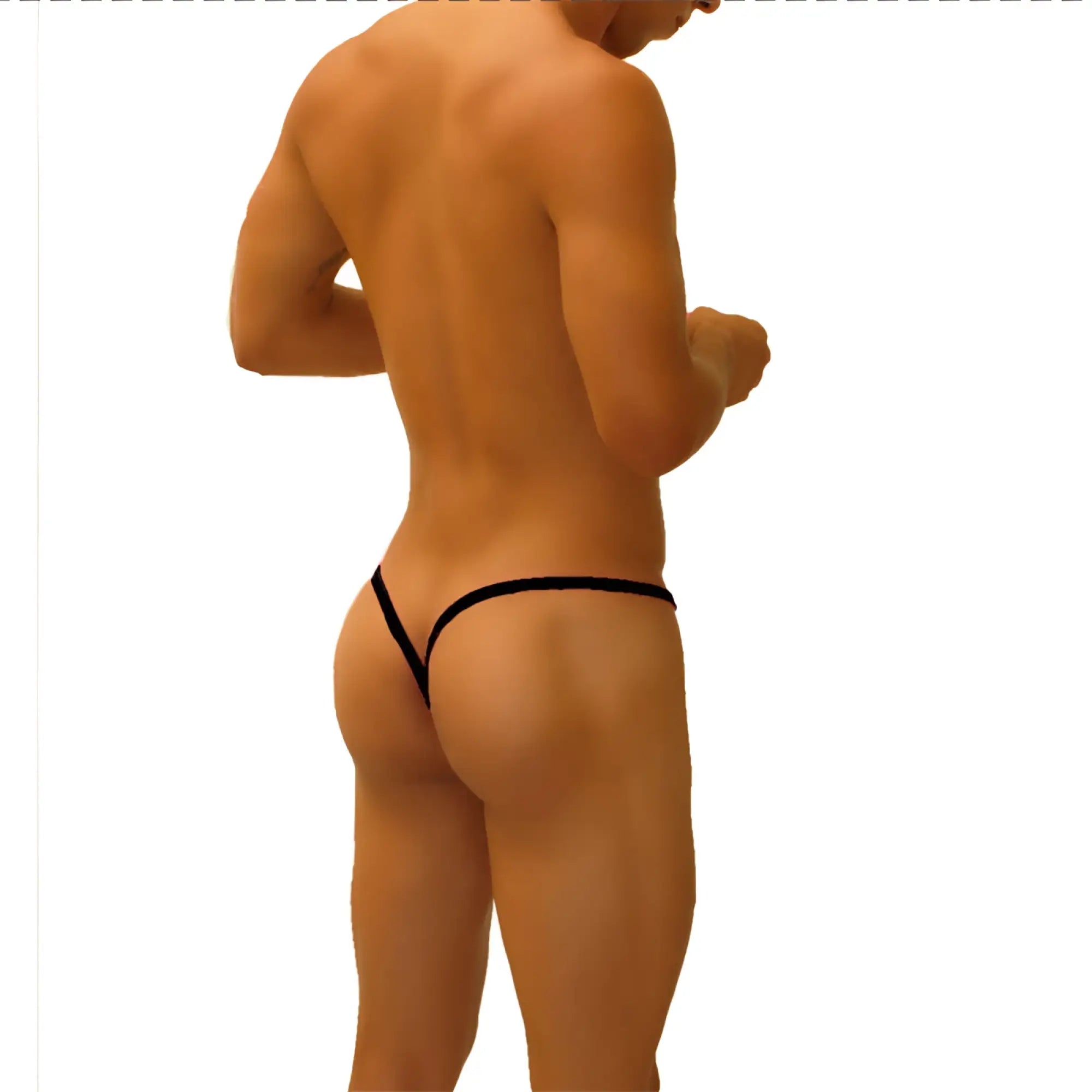 Icker Sea superhero stripe cut out y back black thong underwear with a sleek g string design shown from the back