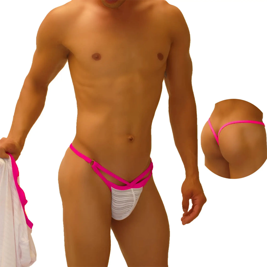 Bright pink and white striped Icker Sea Superhero stripe cut out Y back G string underwear with crisscross design visible from back