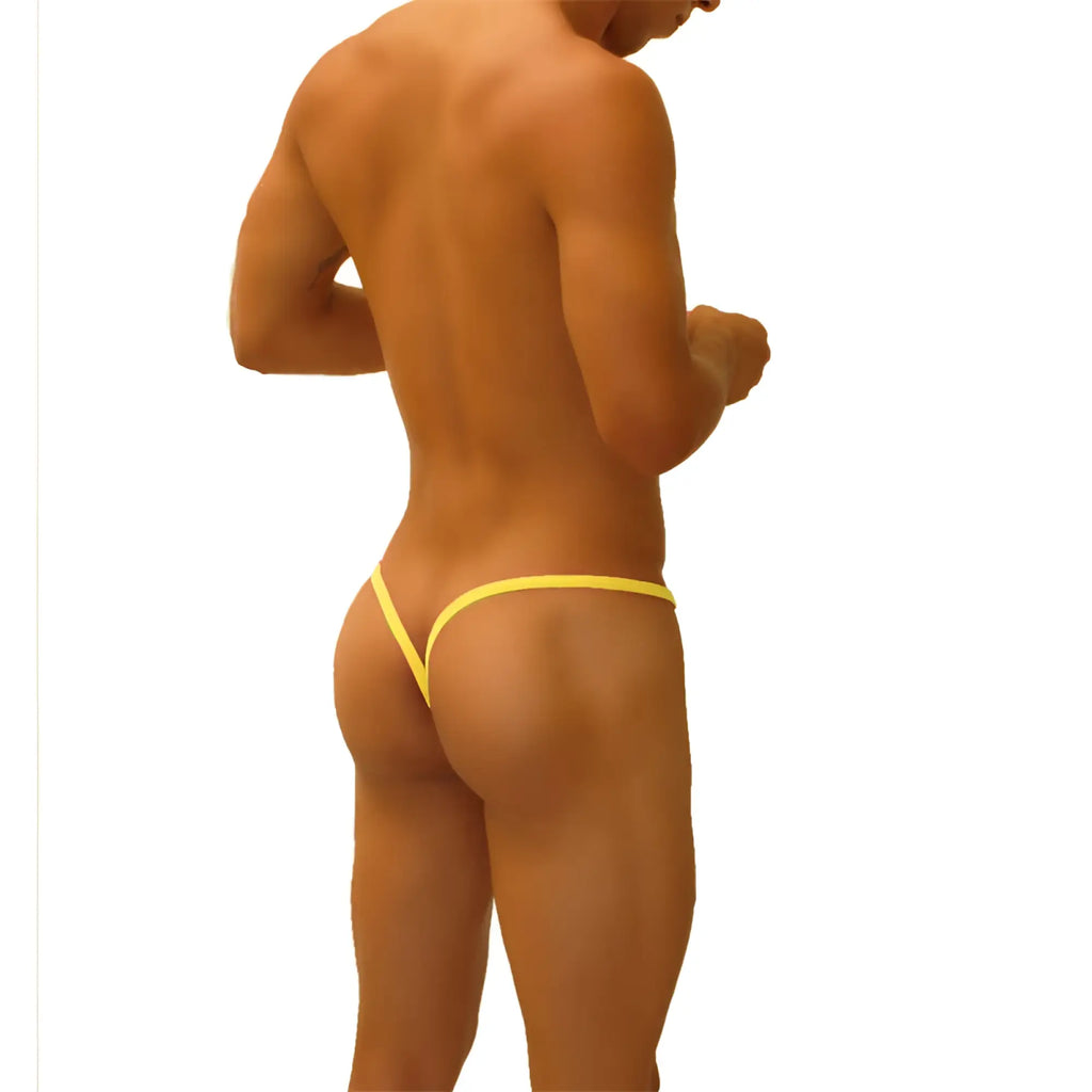 Bright yellow mango icker sea superhero stripe thong underwear with thin sleek design and y back cut out details