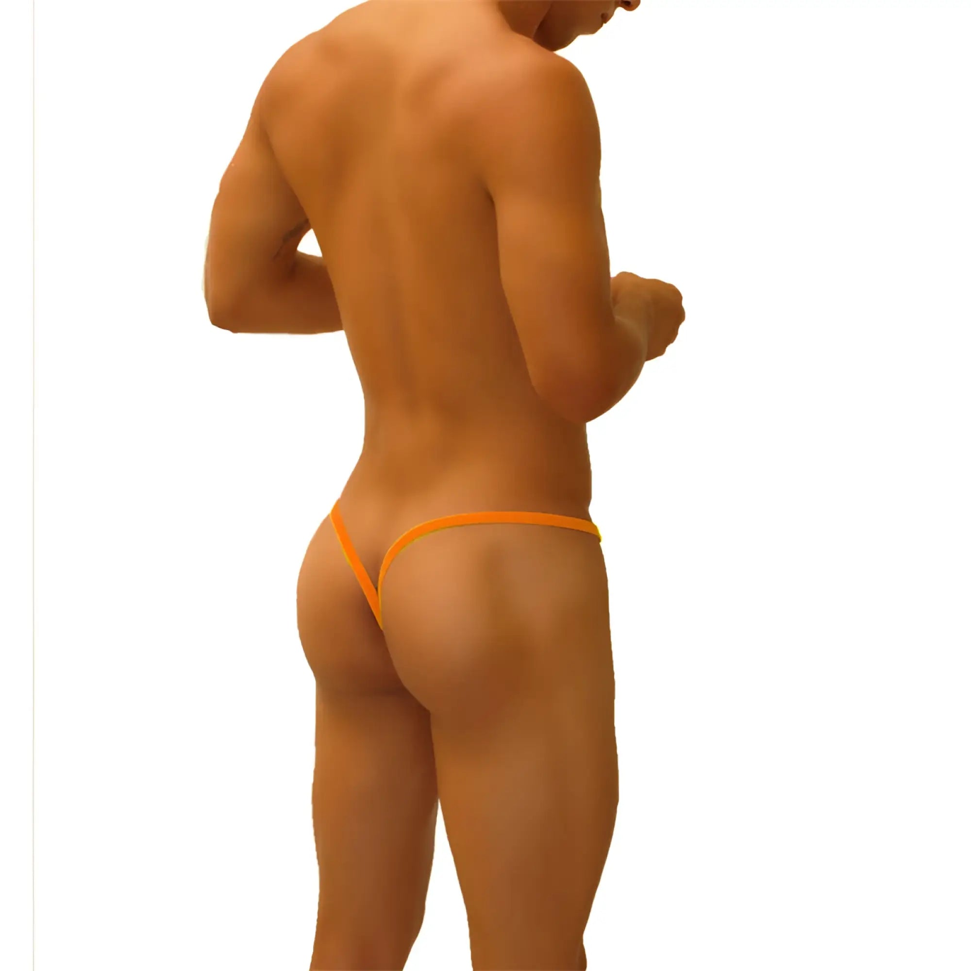 Orange thong underwear with thin seamless design and superhero stripe cut out y back by icker sea, back side view