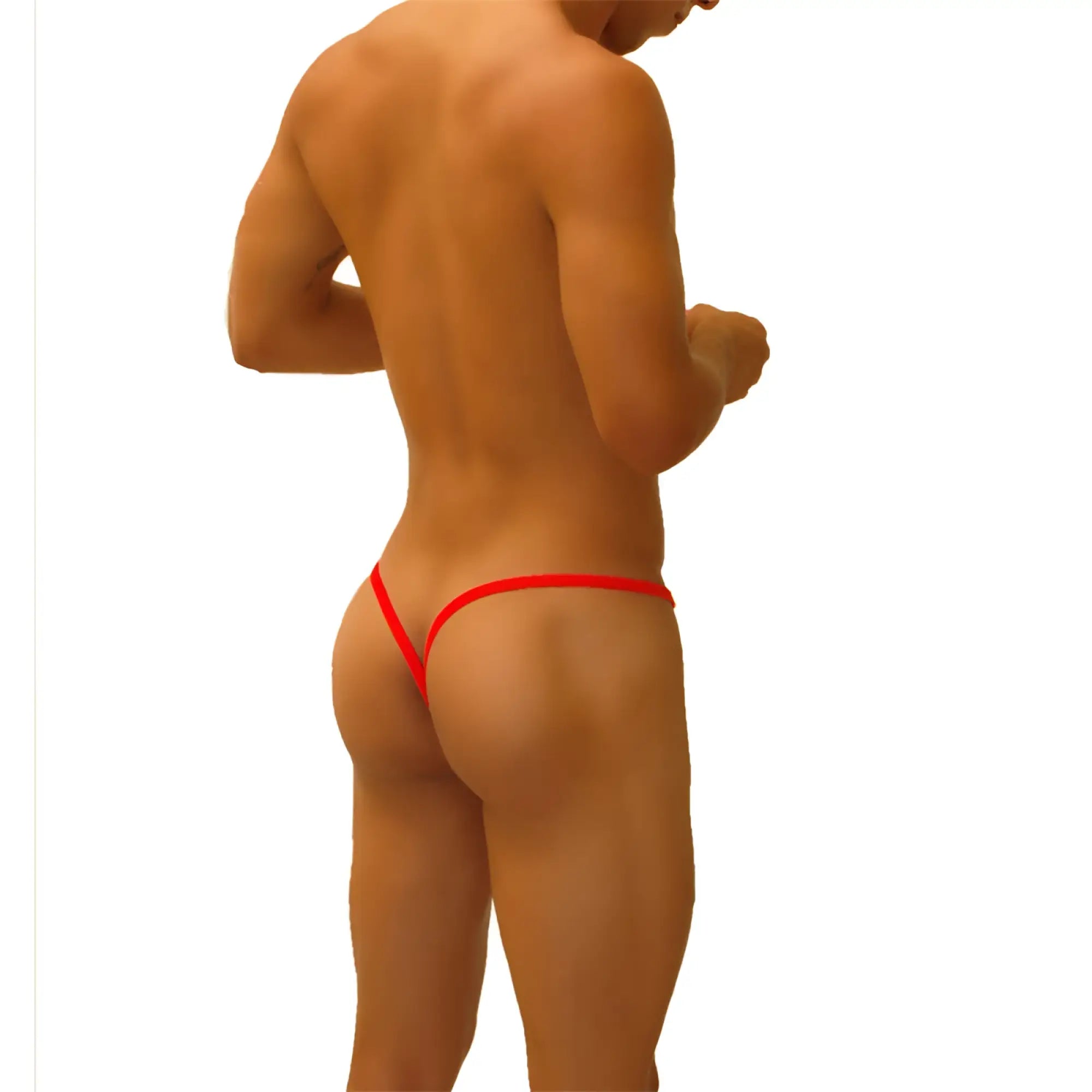 Red icker sea superhero stripe cut out y back g string underwear with thin snug-fitting design shown from the back