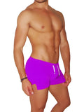 Vibrant purple icker sea tennis side slit swim trunks with white drawstrings designed for active wear