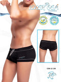 Black icker sea tory contrast line square cut swim trunks with white piping and silver zipper detail on side