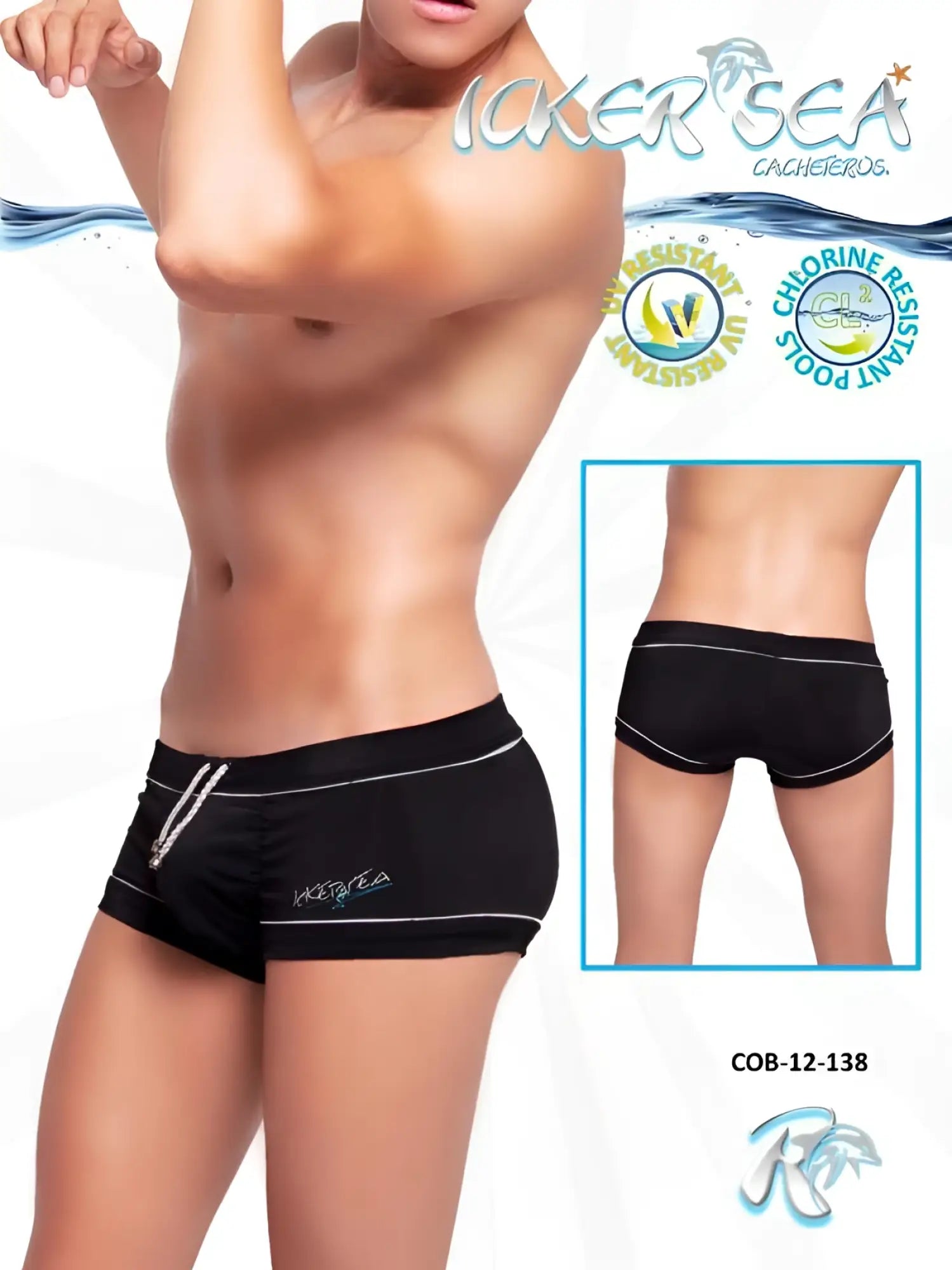 Black icker sea tory contrast line square cut swim trunks with white piping and silver zipper detail on side