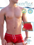 Icker Sea Tory contrast line square cut red swim trunks with white trim and drawstrings featuring brand logo