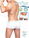 White boxer briefs with light blue trim and modern design from icker sea tory contrast line square cut trunk swimwear