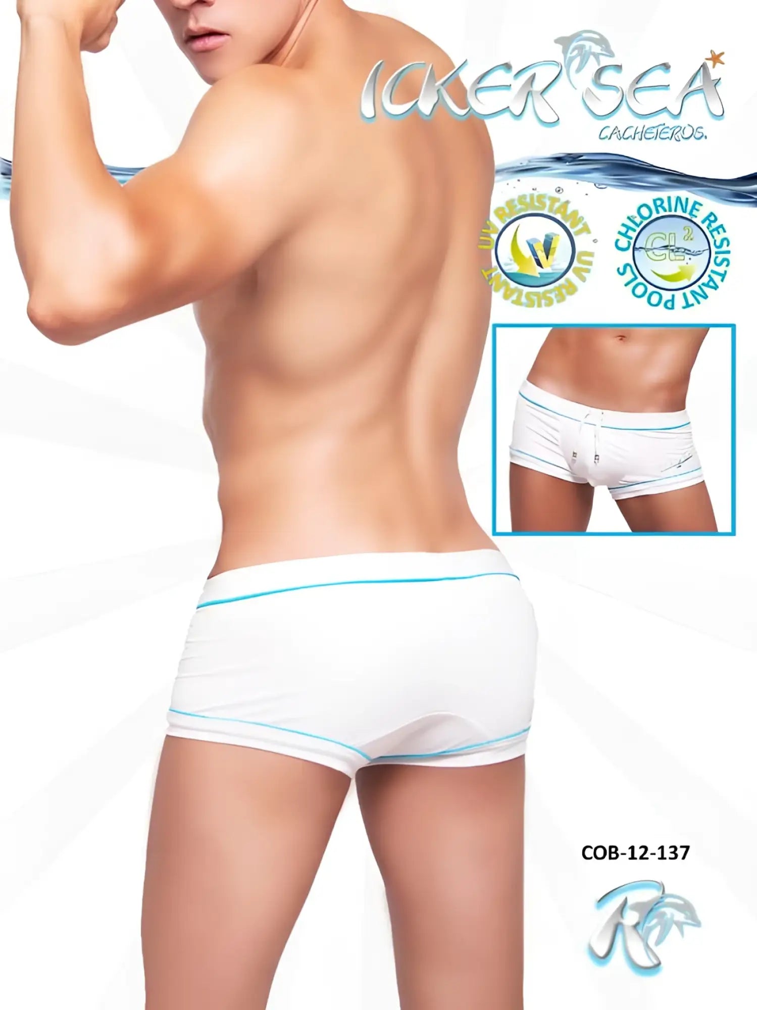 White boxer briefs with light blue trim and modern design from icker sea tory contrast line square cut trunk swimwear