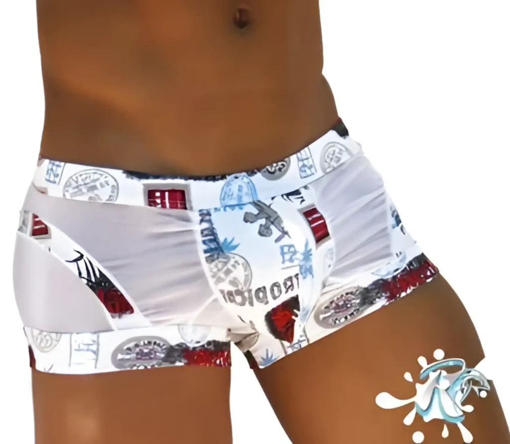 Icker Sea toys curve white boxer briefs with bold red and blue graphic print comfortable underwear design