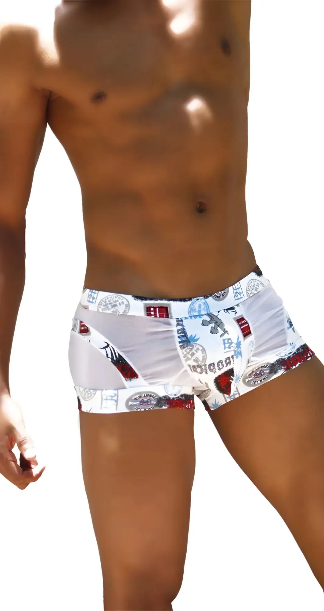 White icker sea toys curve boxer brief underwear featuring bold red and blue graphic print on swim trunks
