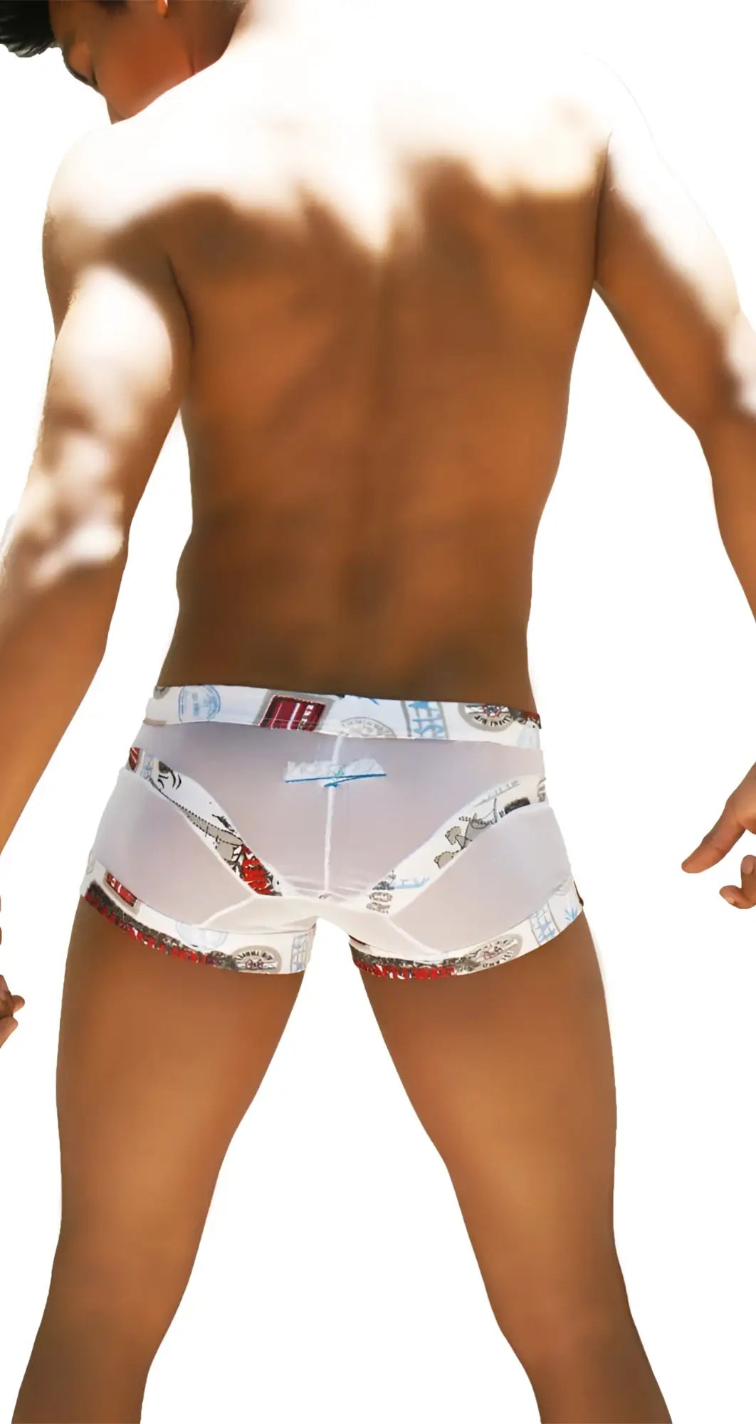 Icker sea toys white translucent boxer briefs with red black and gray urban print on waistband and leg openings
