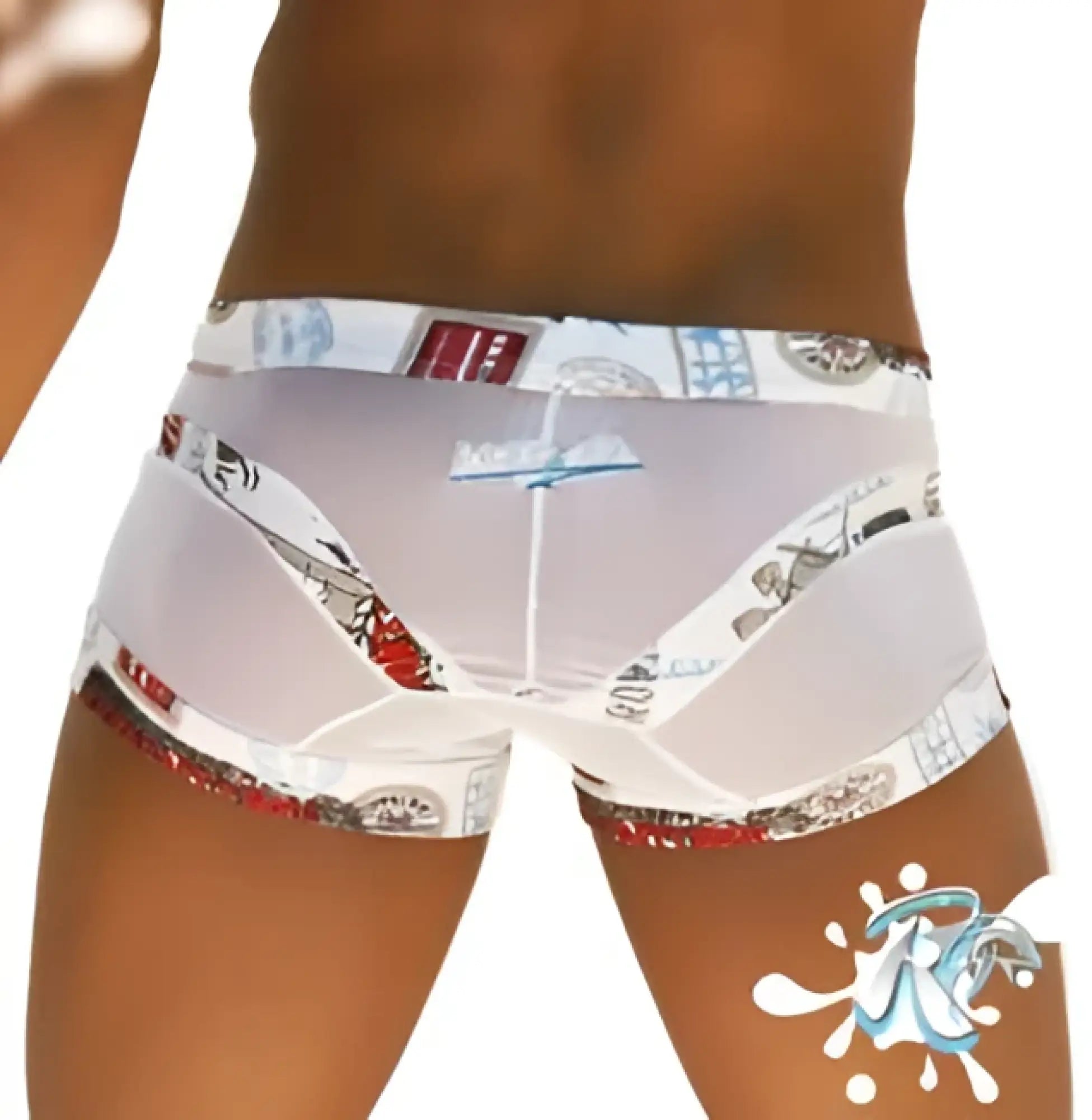 White transparent swim trunks with vintage postage stamp print and red accents from Icker Sea toys curve boxer brief underwear