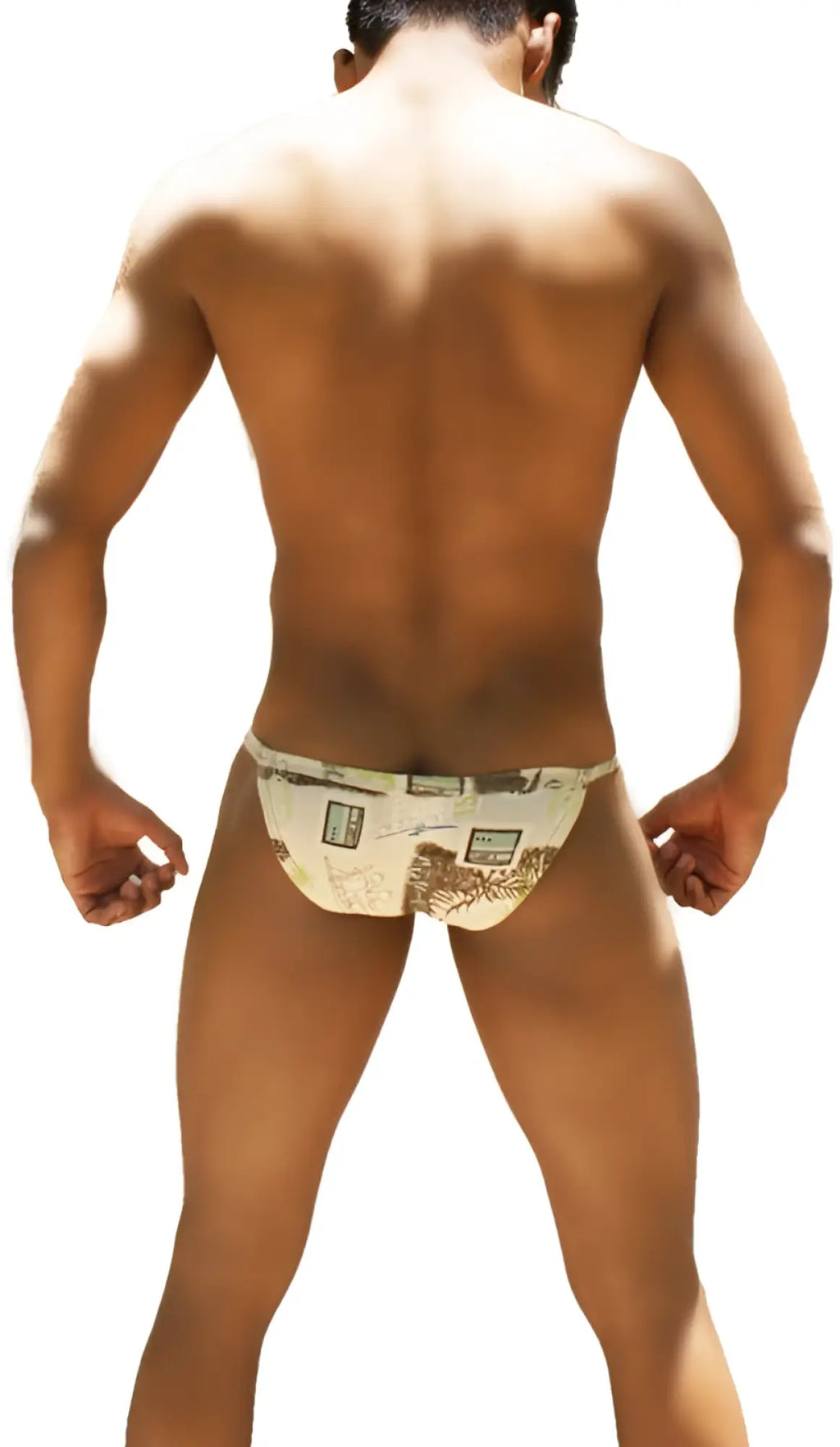 Beige icker sea toys micro slip bikini underwear with framed architectural and palm tree pattern coffee co i 12 147c