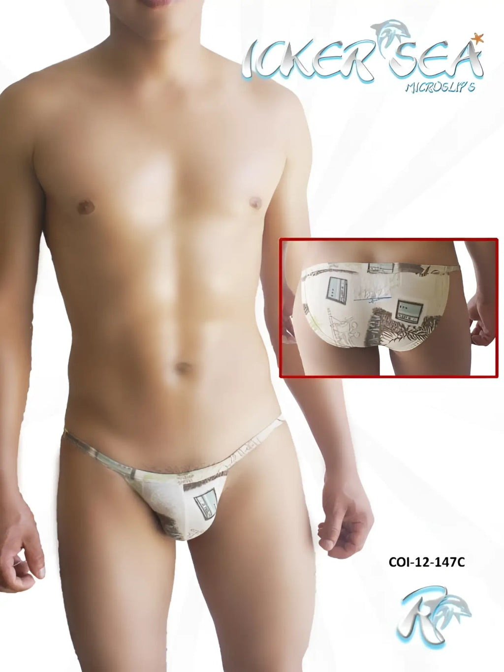 White micro briefs with black and gray newspaper print design from icker sea toys micro slip bikini underwear coffee coi-12-147c