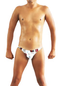 White bikini underwear with red and black icker sea toys graphic print in cotton blend material