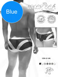 Icker Sea transparent curve square cut swim trunks in blue and white with geometric stripes and cocker sea logo