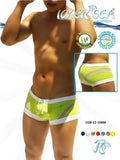 Bright neon green icker sea transparent curve square cut swim trunks with white gray accents and drawstring waistband