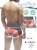 Icker Sea transparent curve square cut trunk swimwear in orange and white with an athletic striped design