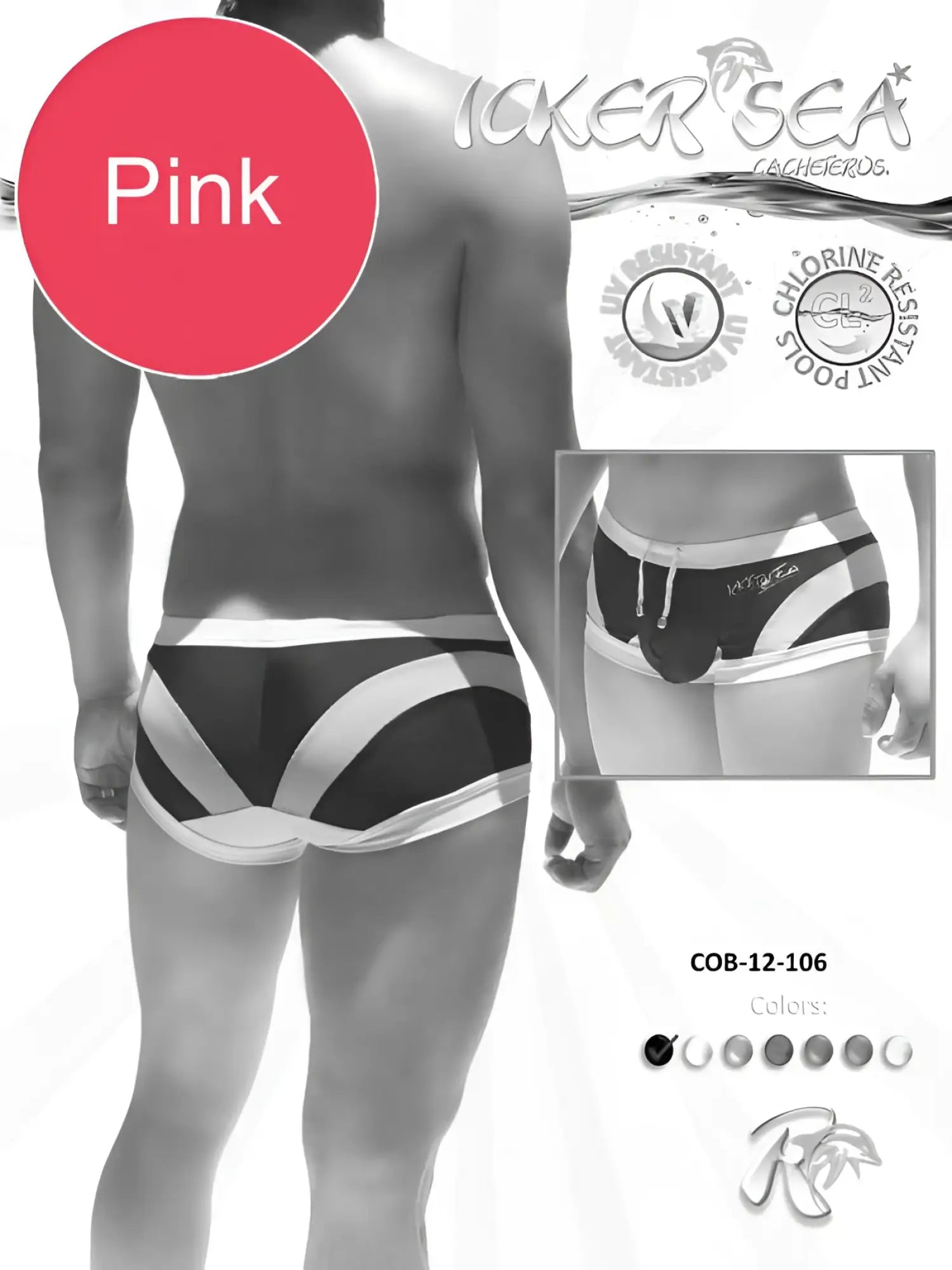 Icker Sea transparent curve square cut trunk swimwear in pink with black and white geometric stripes for swimming