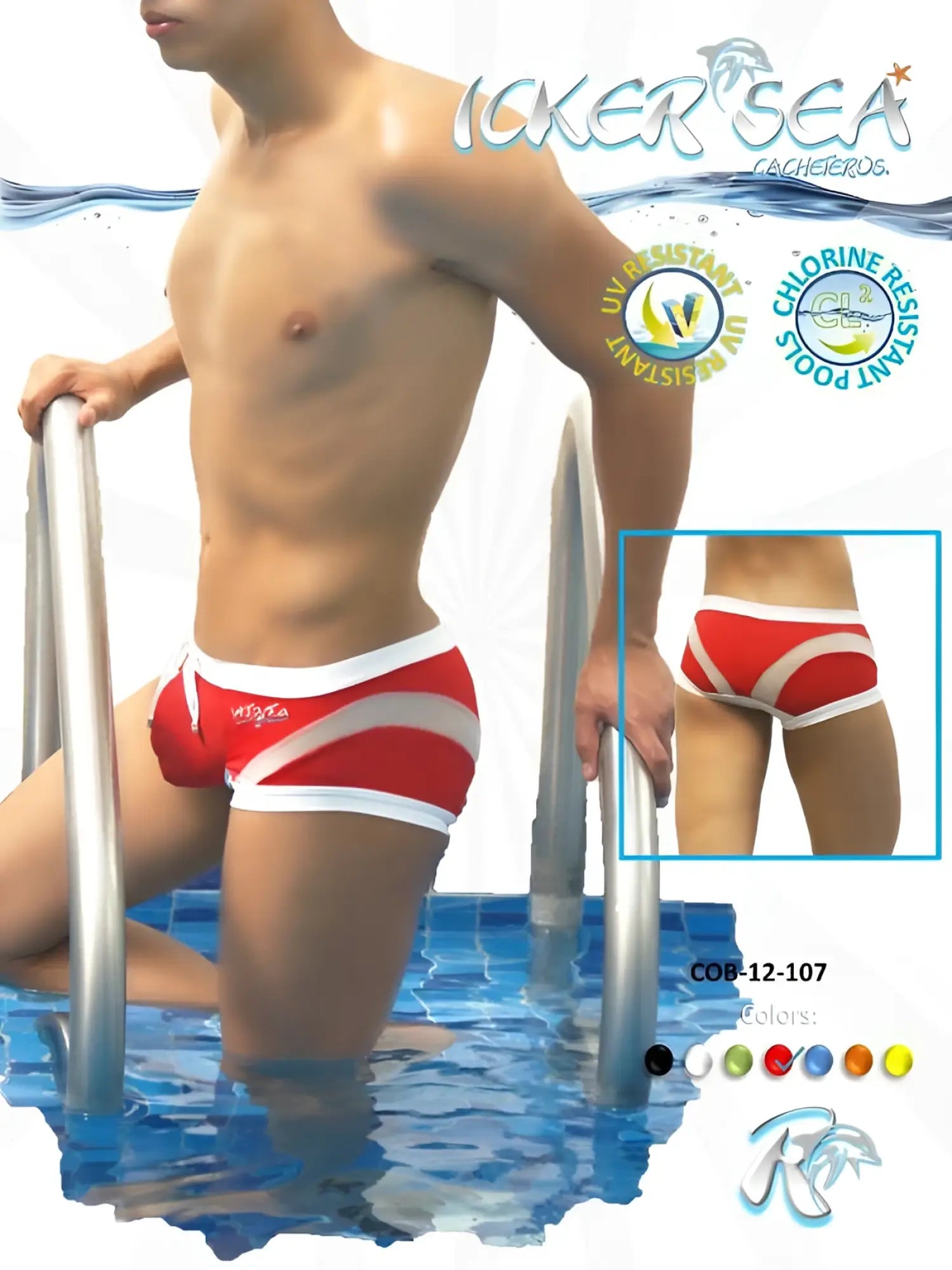 Icker Sea transparent curve square cut trunk swimwear in red and white striped sleek modern design