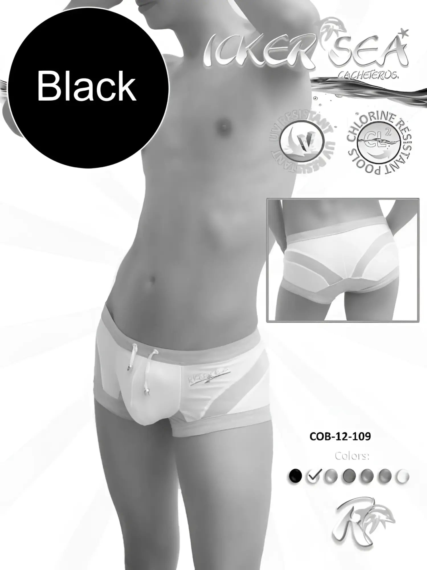Icker Sea transparent curve square cut black and white swim trunks with athletic cut and drawstring detailing