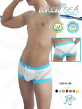 Icker Sea transparent curve square cut trunk swimwear in white and blue with mesh panels and drawstring waistband