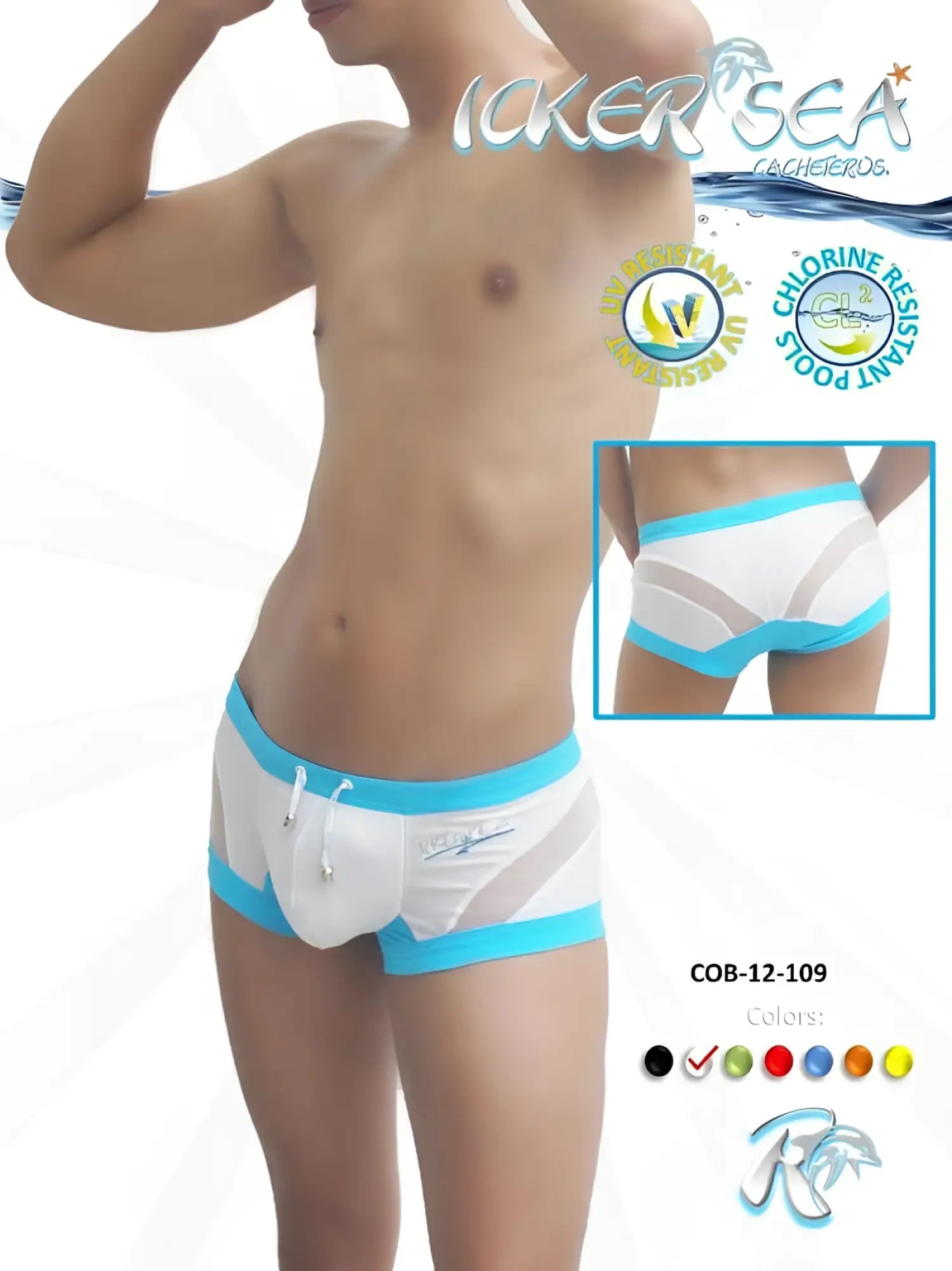 Icker Sea transparent curve square cut trunk swimwear in white and blue with mesh panels and drawstring waistband
