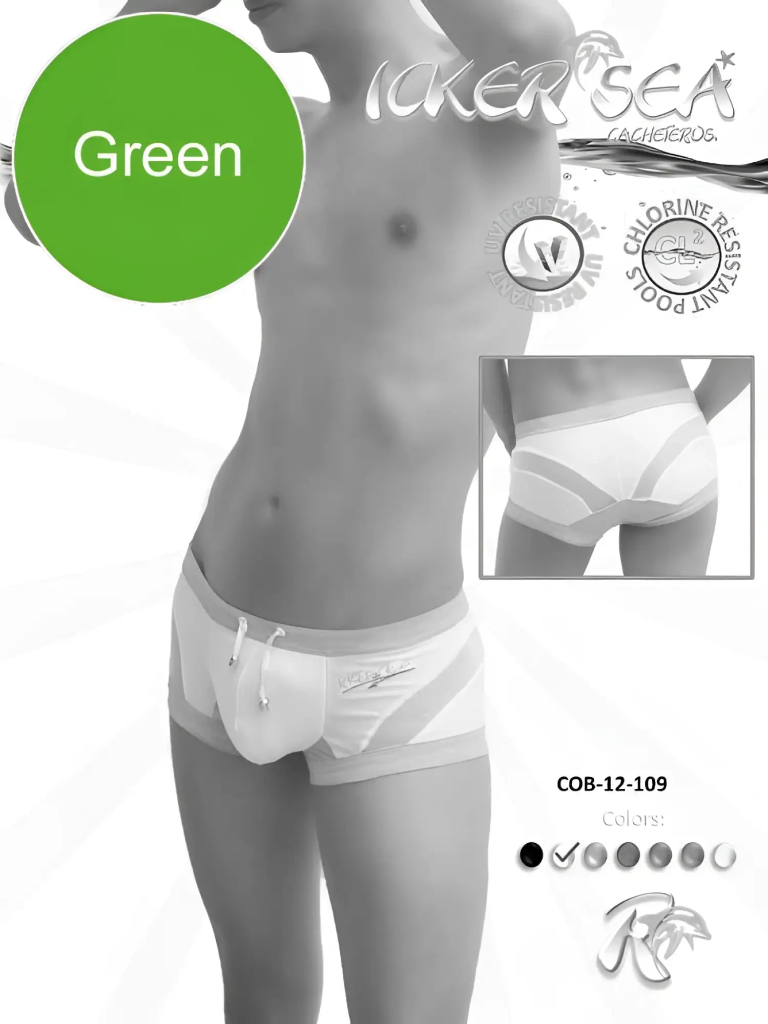 Icker sea transparent curve square cut green chlorine-resistant swim trunks with white accents and drawstring waistband