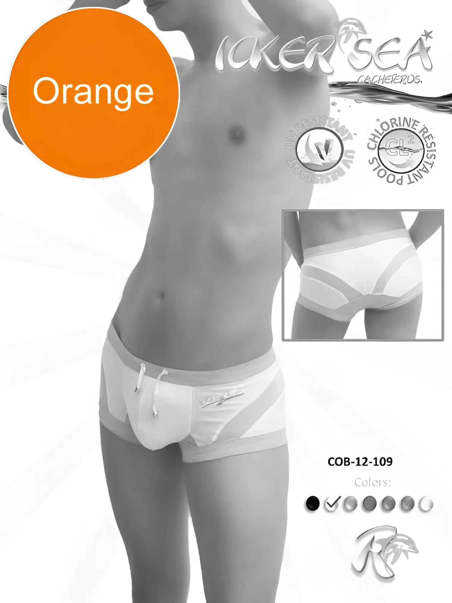 Icker Sea transparent curve square cut trunk swimwear in white with orange accent stripes and a drawstring waistband