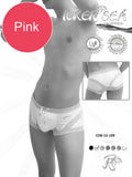 Pink icker sea transparent curve square cut swim trunks with white and light gray accents and drawstring waistband